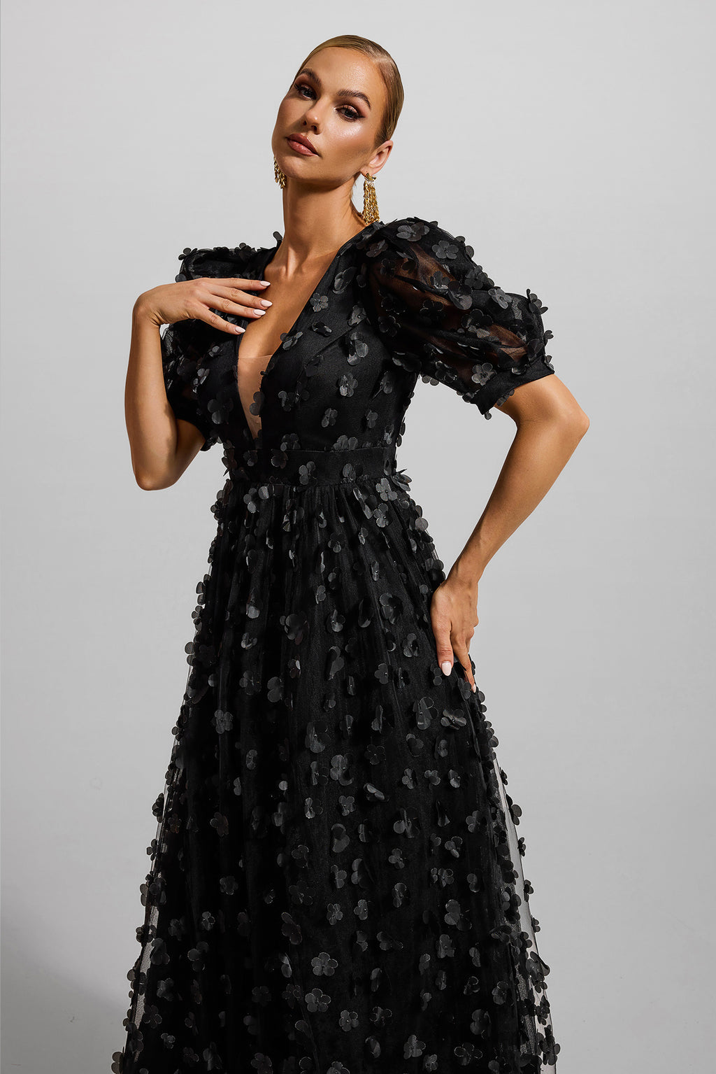 3d Puff Sleeve Maxi Dress