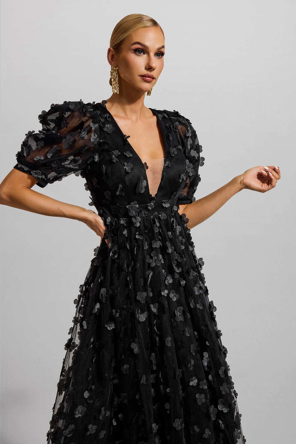 3d Puff Sleeve Maxi Dress