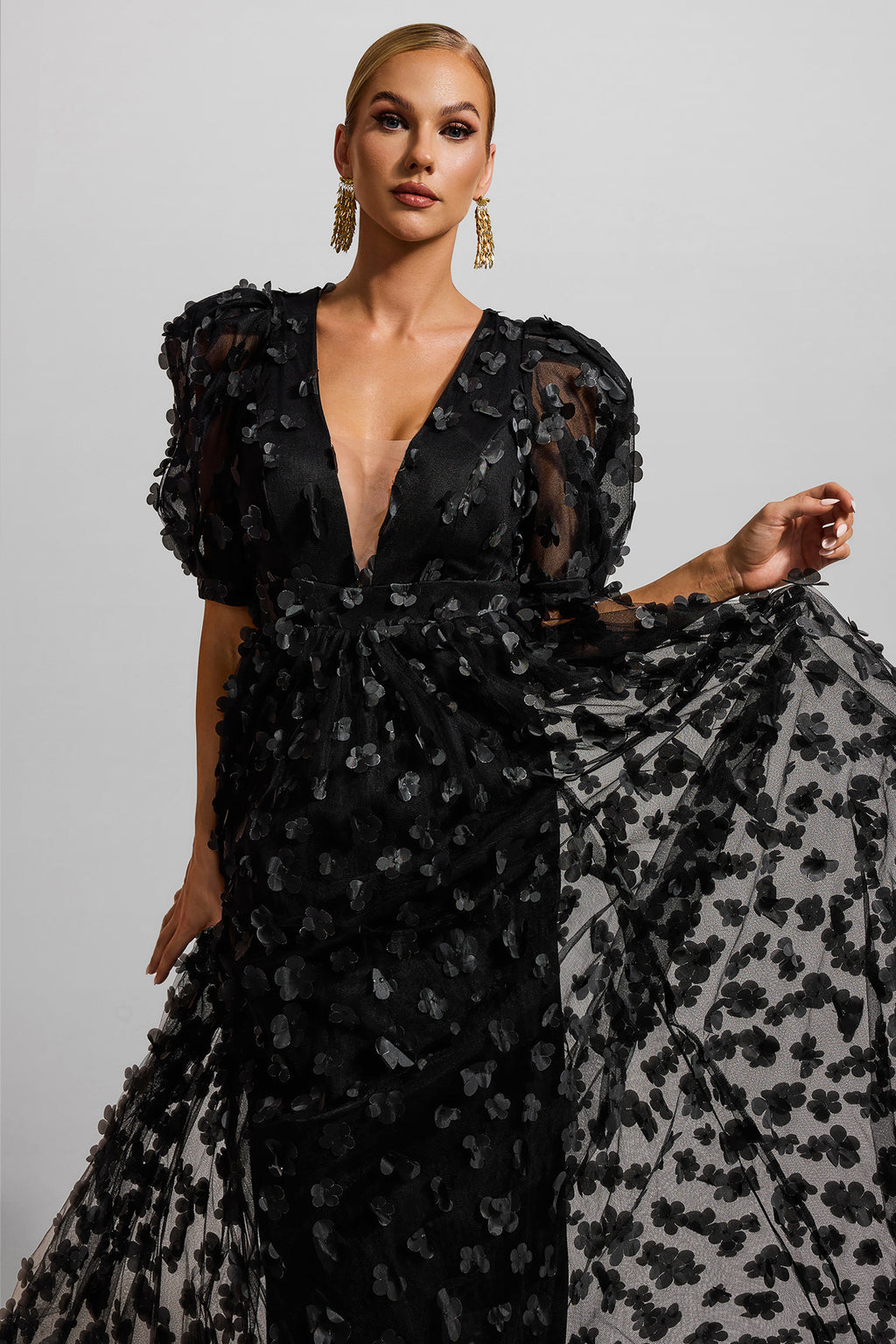 3d Puff Sleeve Maxi Dress