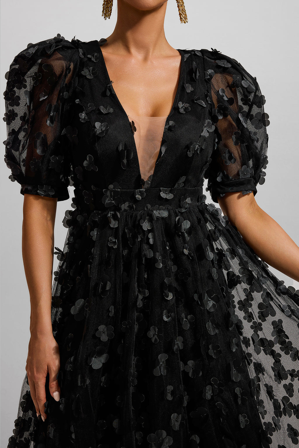 3d Puff Sleeve Maxi Dress