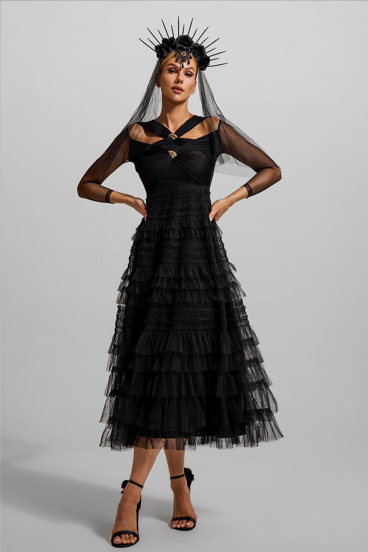 Ruffle Tiered Long Sleeve Midi Dress