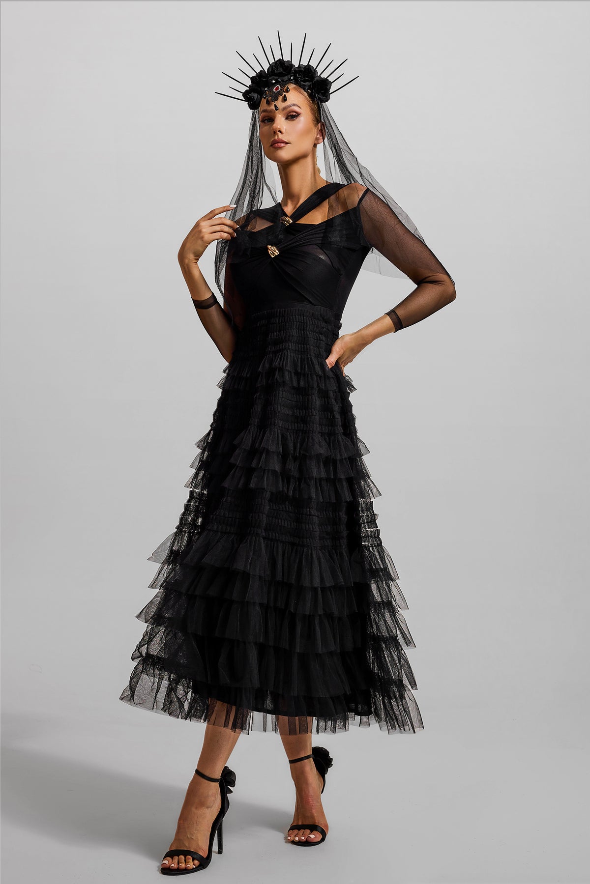 Ruffle Tiered Long Sleeve Midi Dress