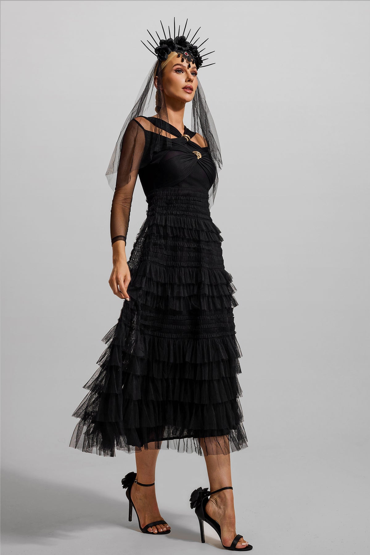 Ruffle Tiered Long Sleeve Midi Dress