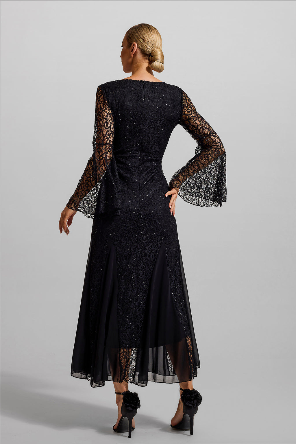 Lace V-neck Ball Sleeve Midi Dress
