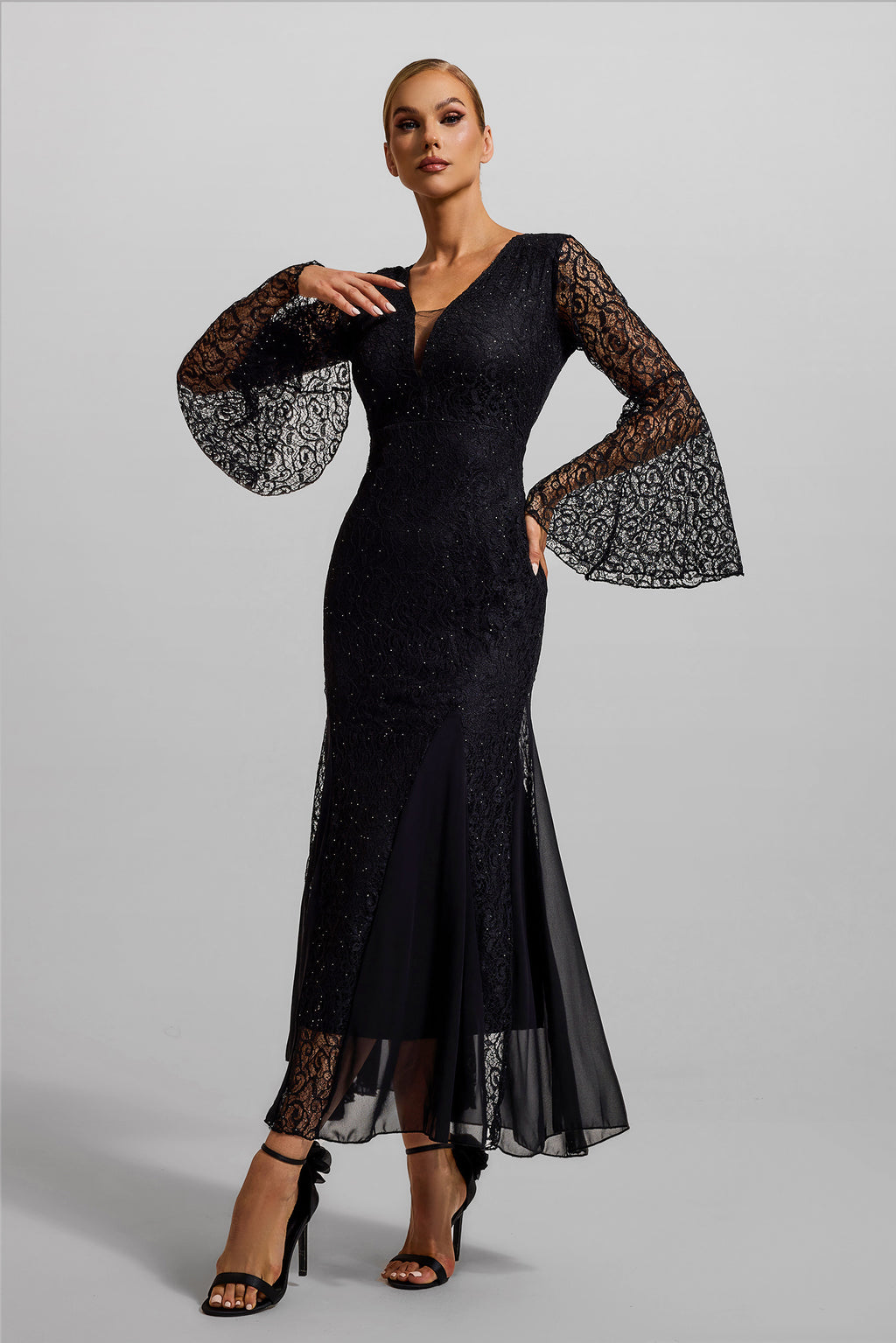 Lace V-neck Ball Sleeve Midi Dress