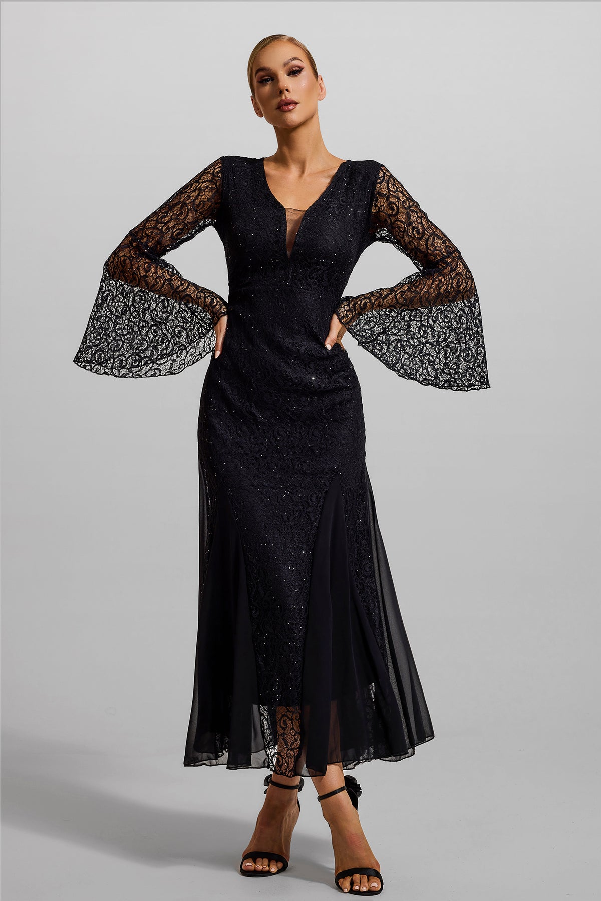 Lace V-neck Ball Sleeve Midi Dress