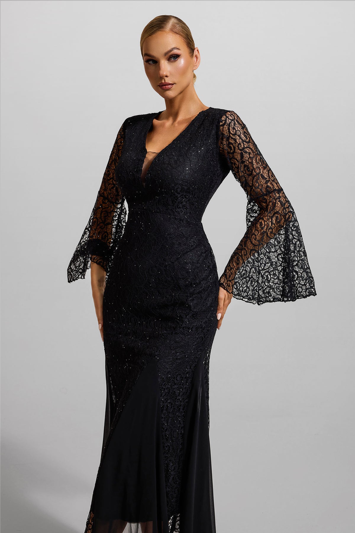 Lace V-neck Ball Sleeve Midi Dress