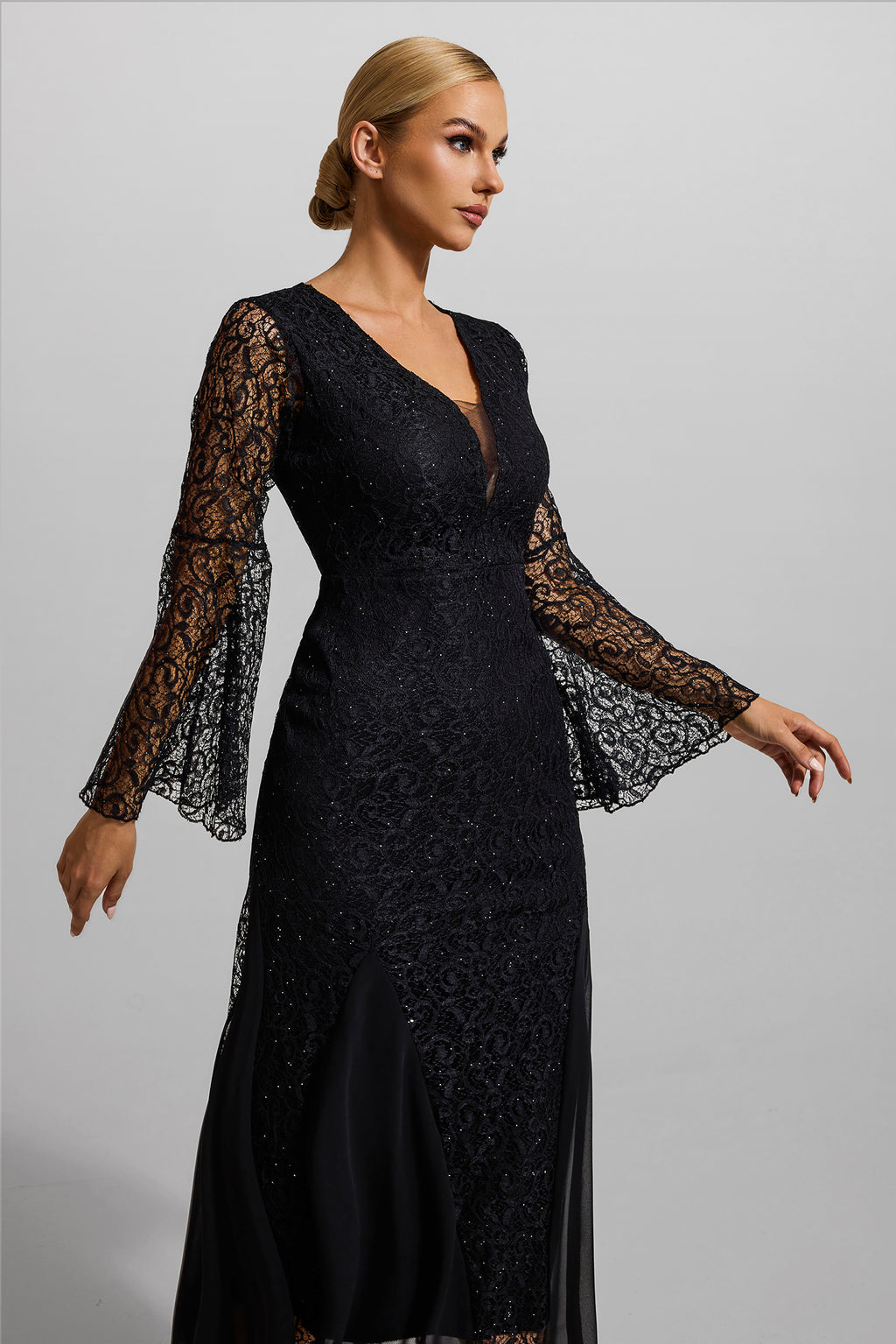 Lace V-neck Ball Sleeve Midi Dress
