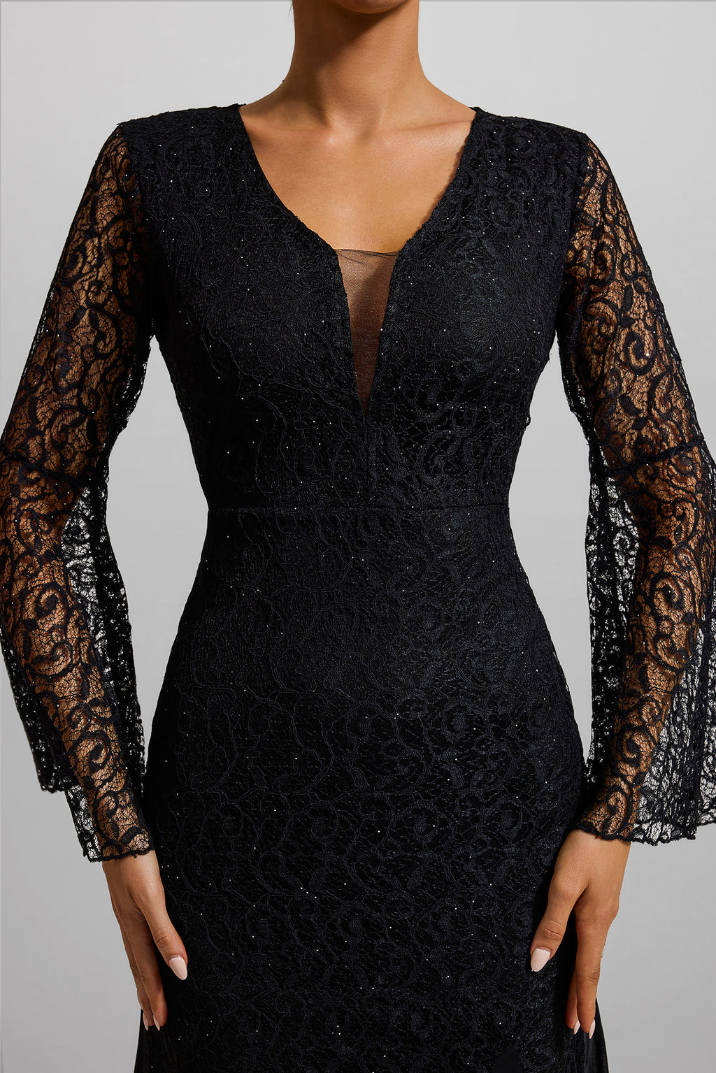 Lace V-neck Ball Sleeve Midi Dress