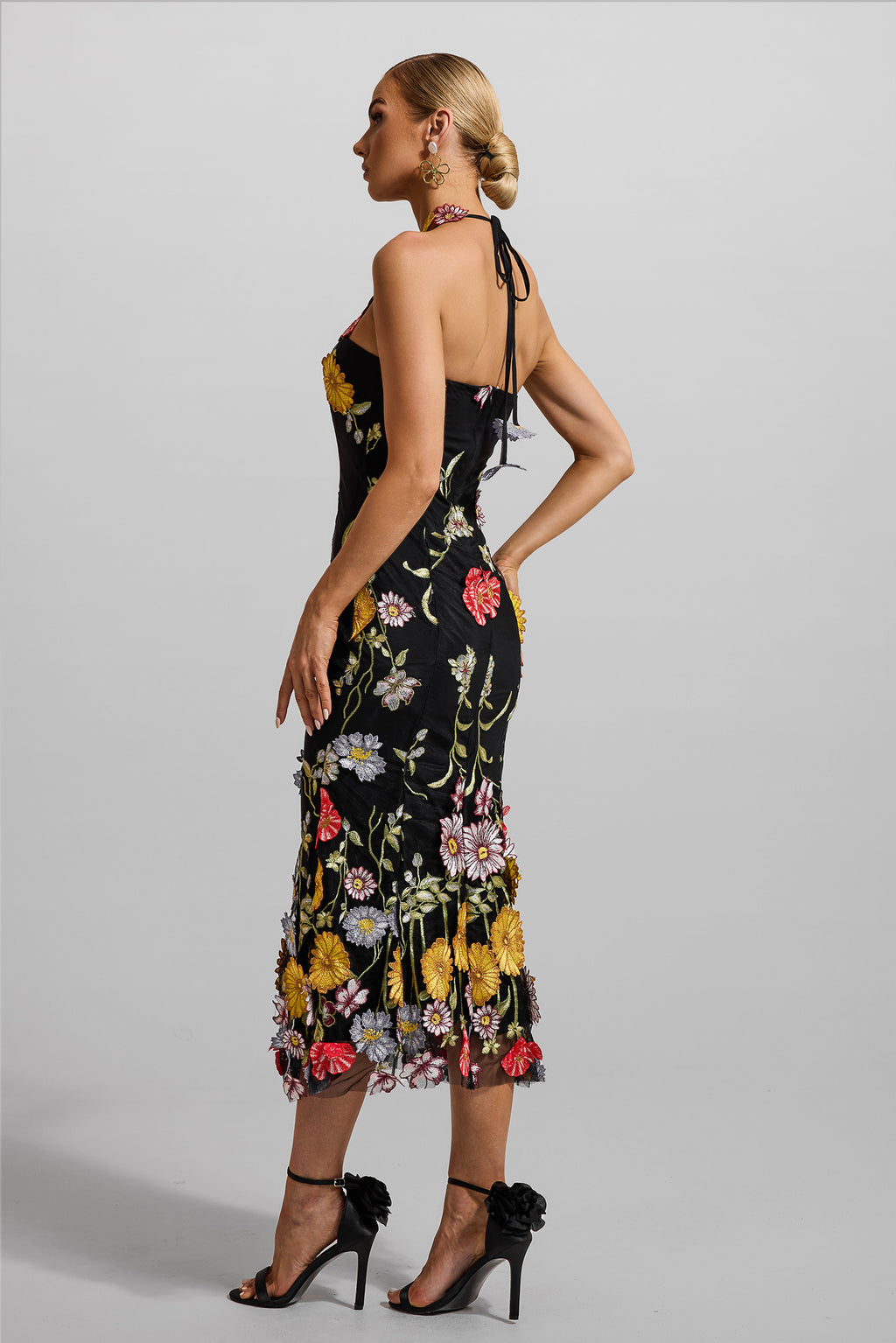 Embroidered Halter Neck Midi Dress