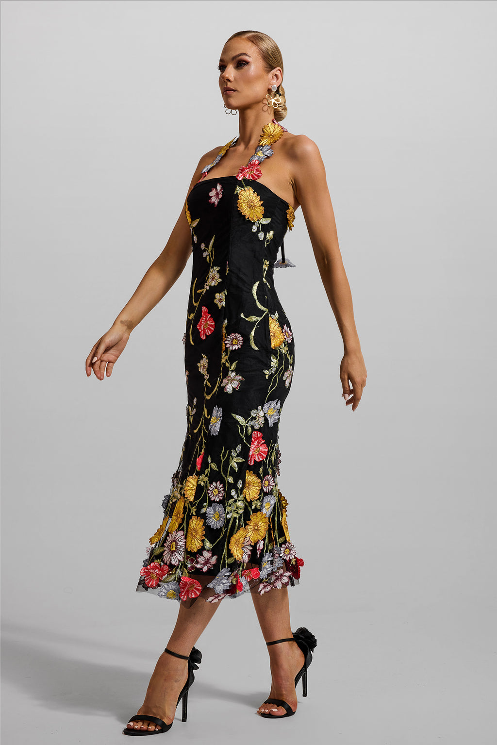 Embroidered Halter Neck Midi Dress