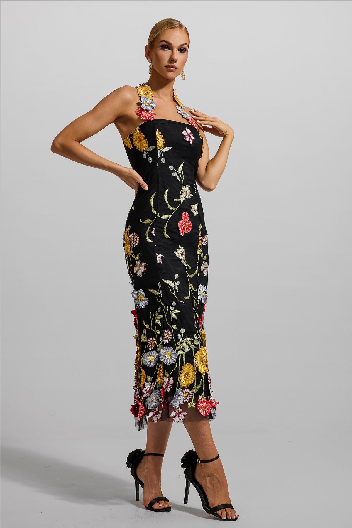 Embroidered Halter Neck Midi Dress