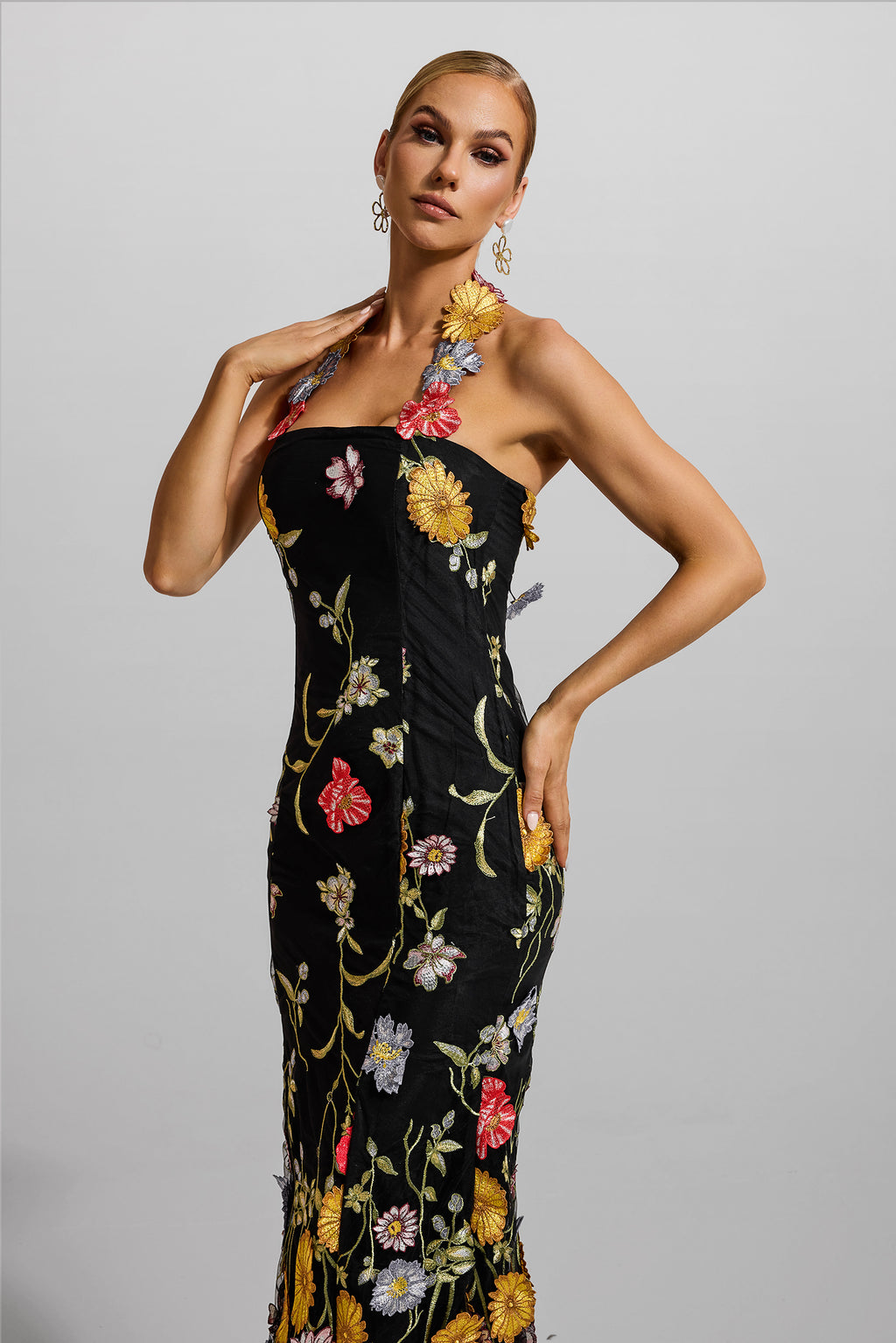 Embroidered Halter Neck Midi Dress