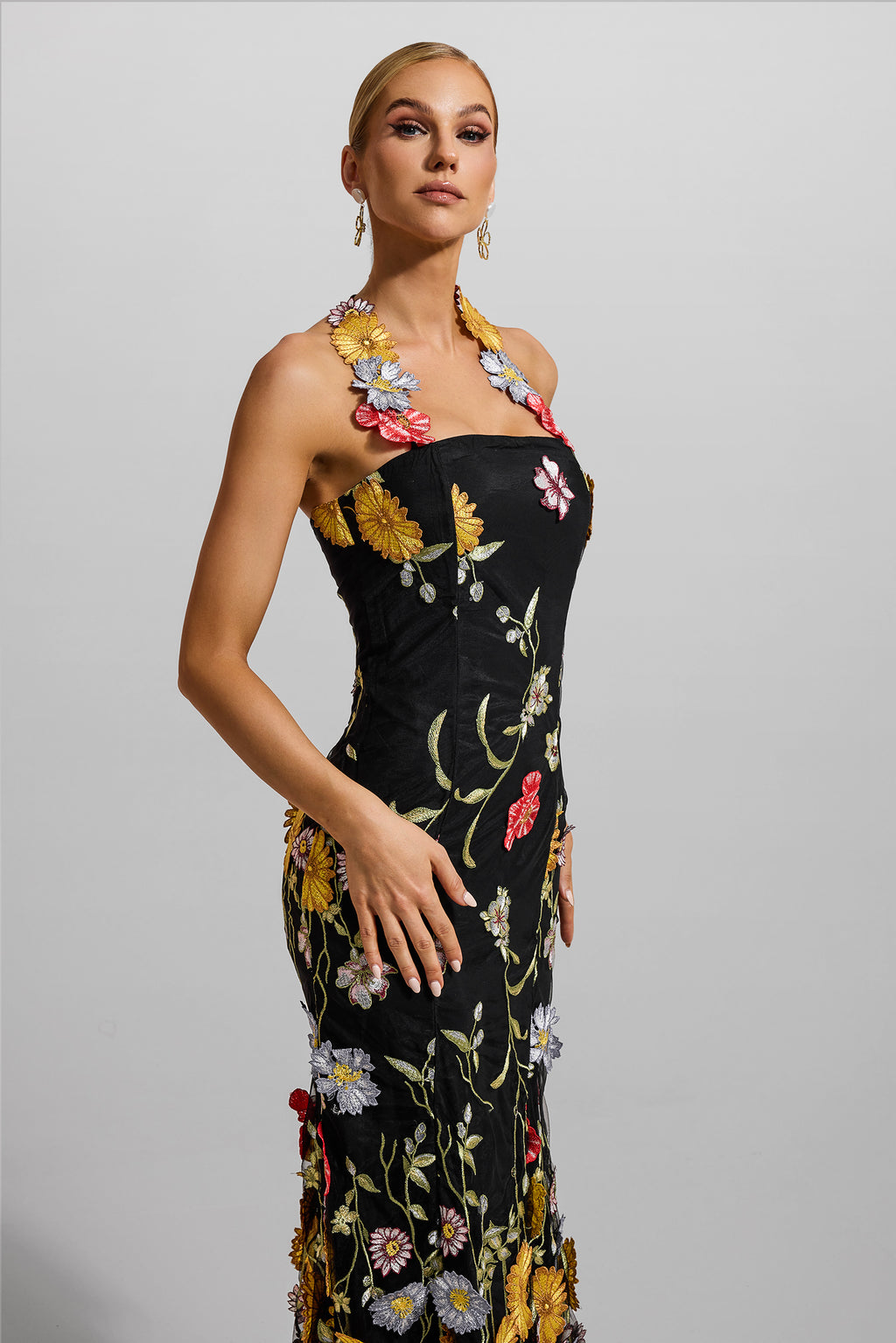 Embroidered Halter Neck Midi Dress