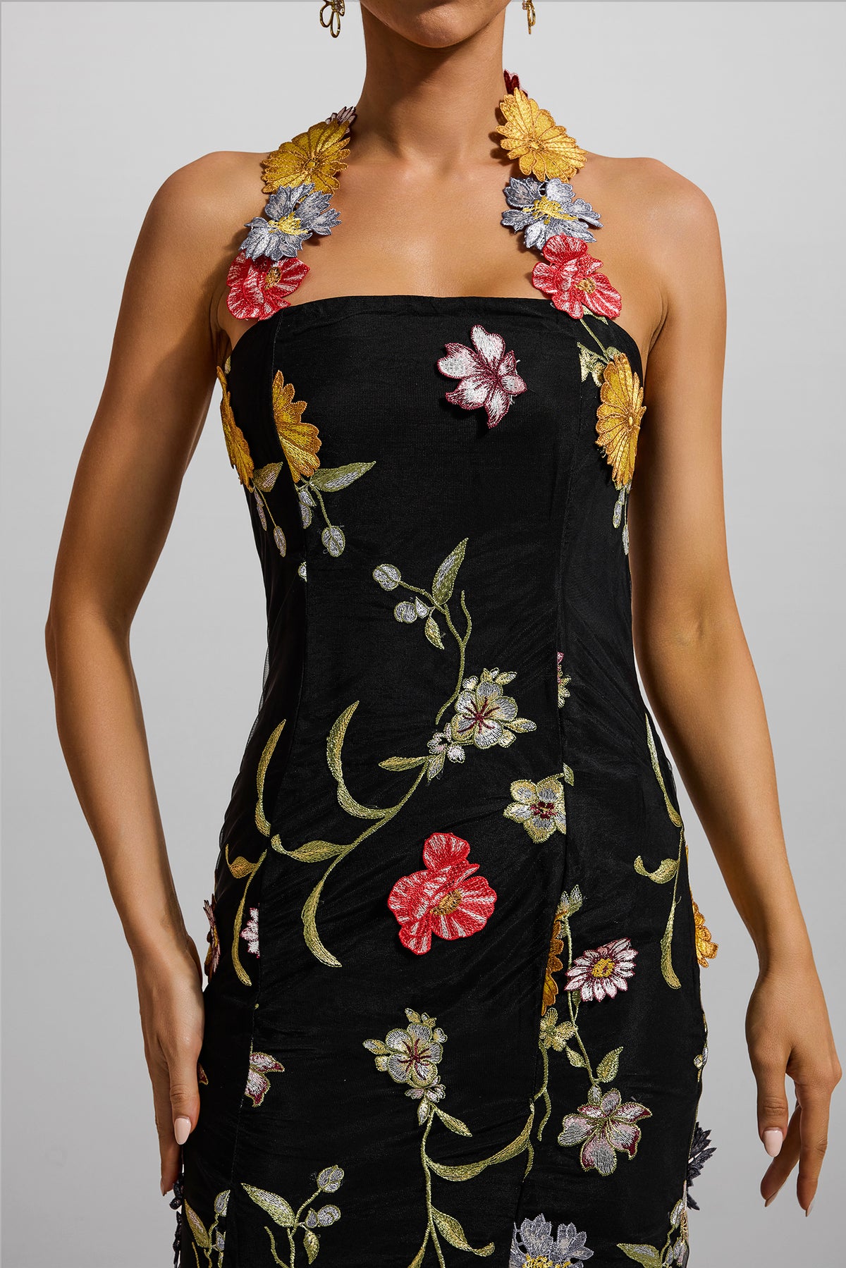 Embroidered Halter Neck Midi Dress