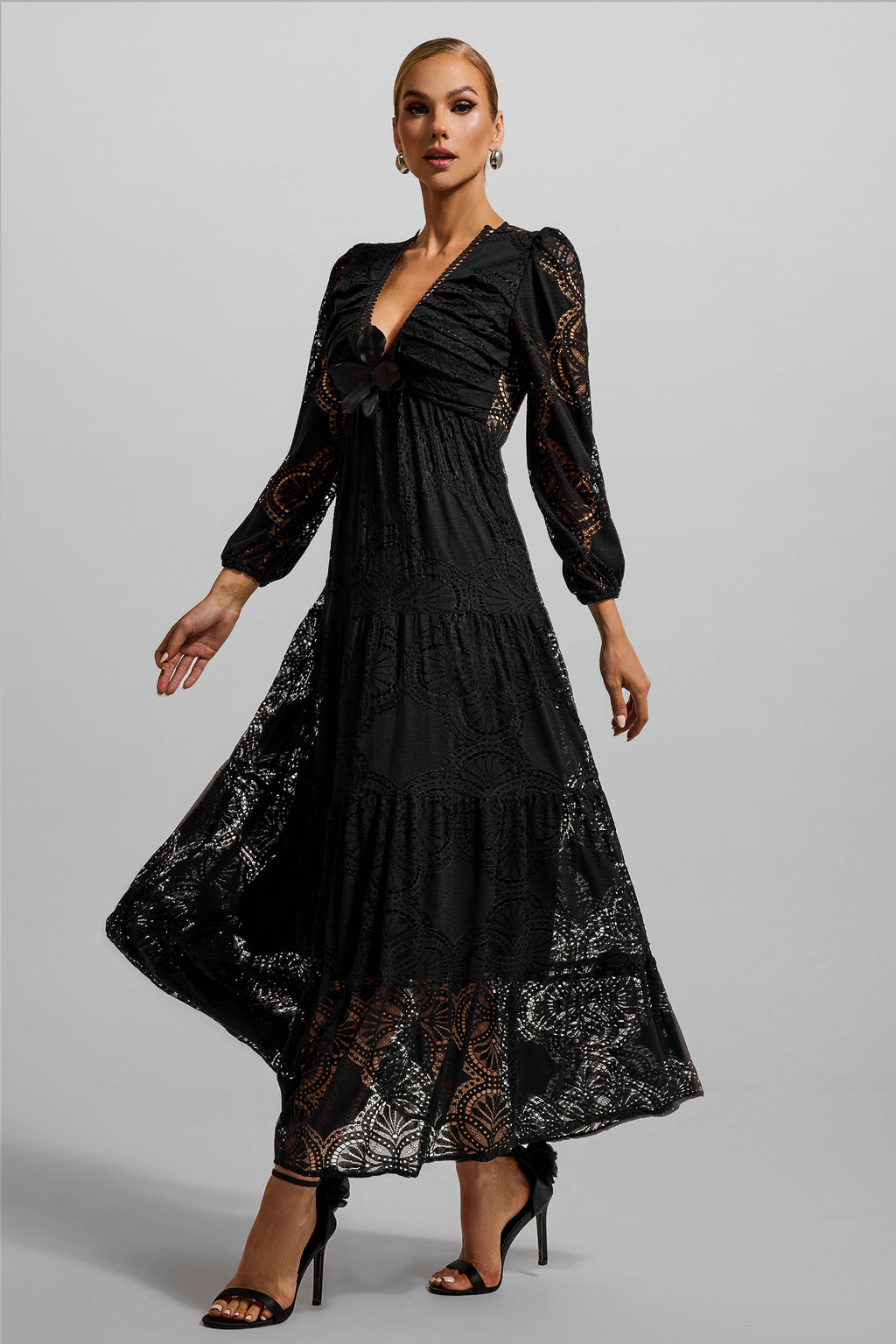 Lace 3d Flower Long Sleeve Midi Dress Black