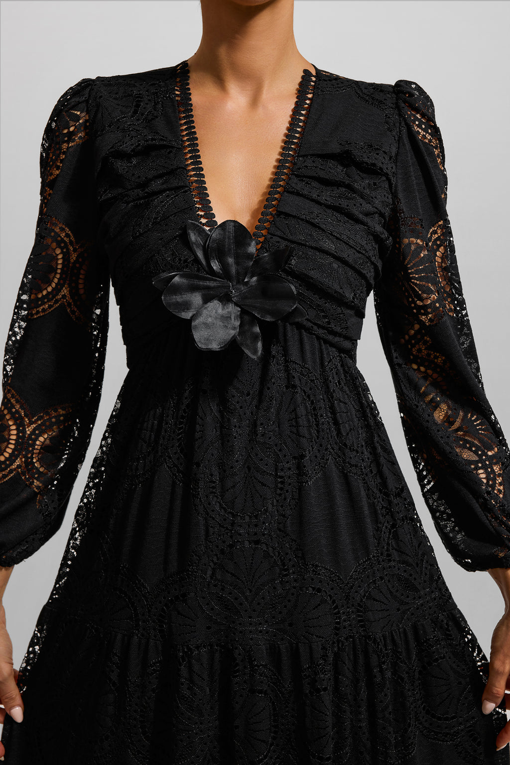 Lace 3d Flower Long Sleeve Midi Dress Black