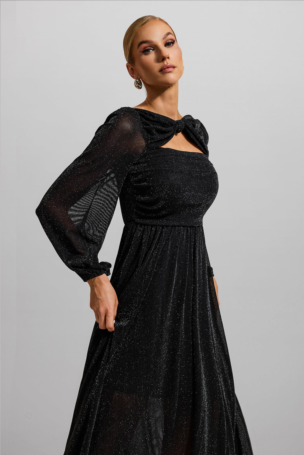 Knotted Ruched Lantern Sleeve Midi Dress