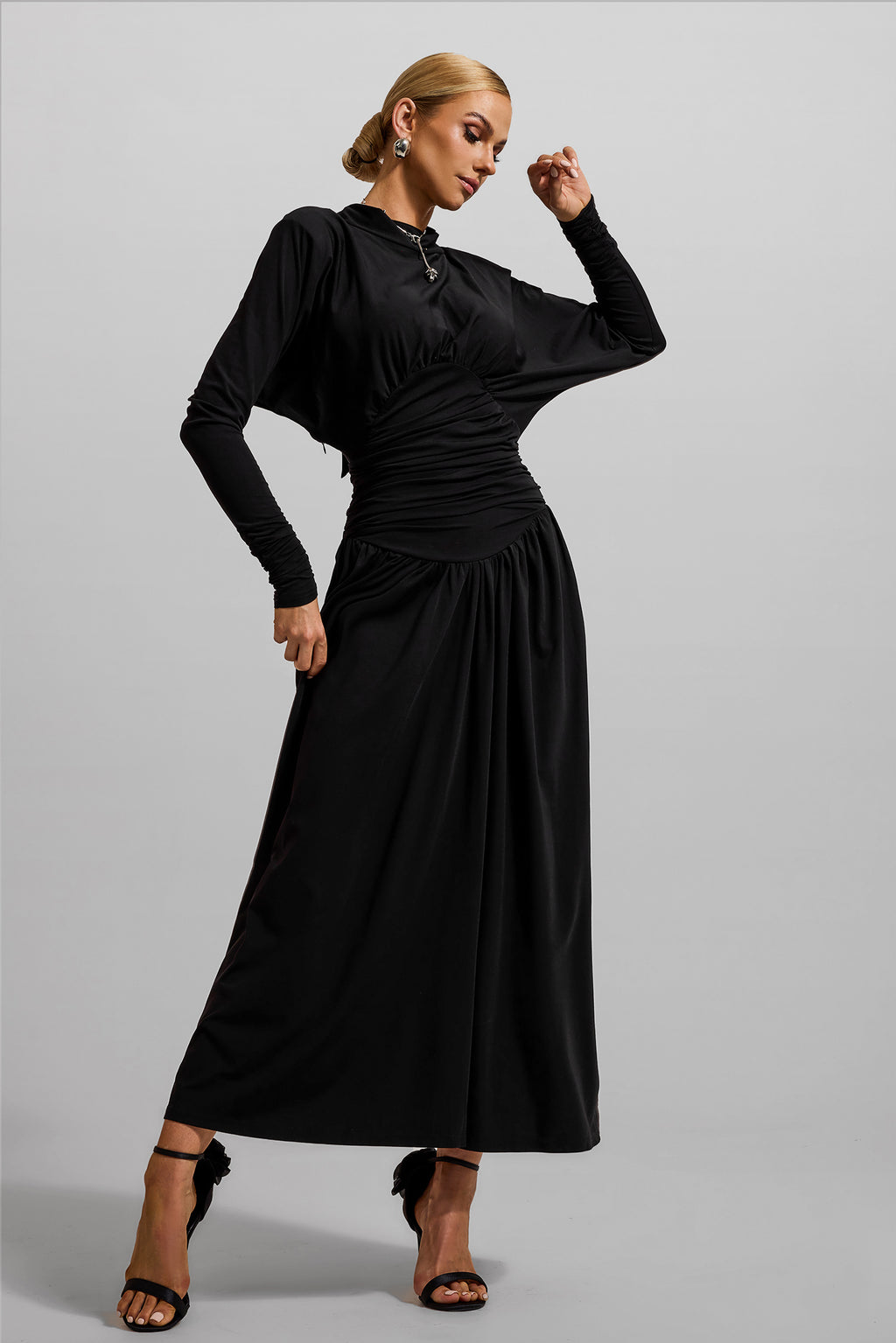 Jersey Ruched Long Sleeve Maxi Dress