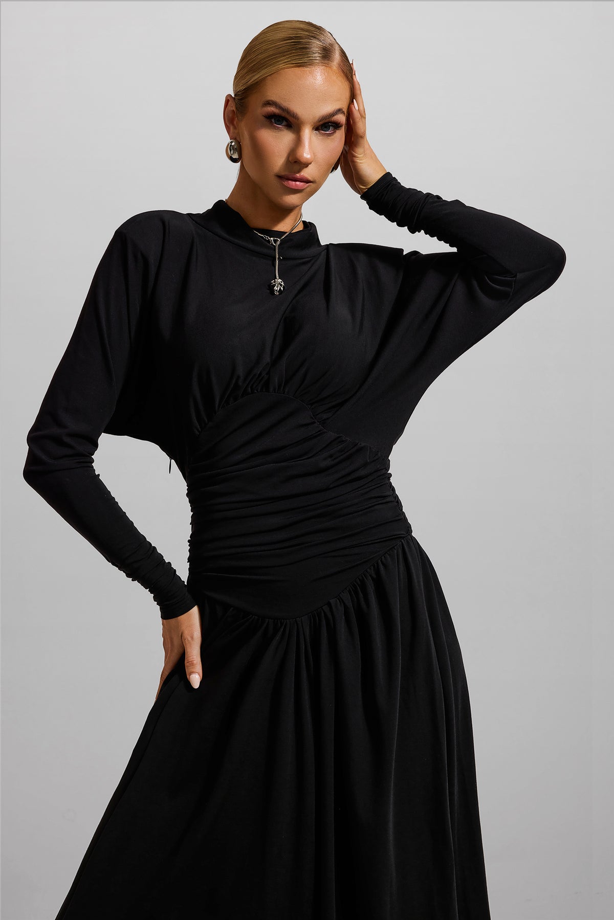 Jersey Ruched Long Sleeve Maxi Dress
