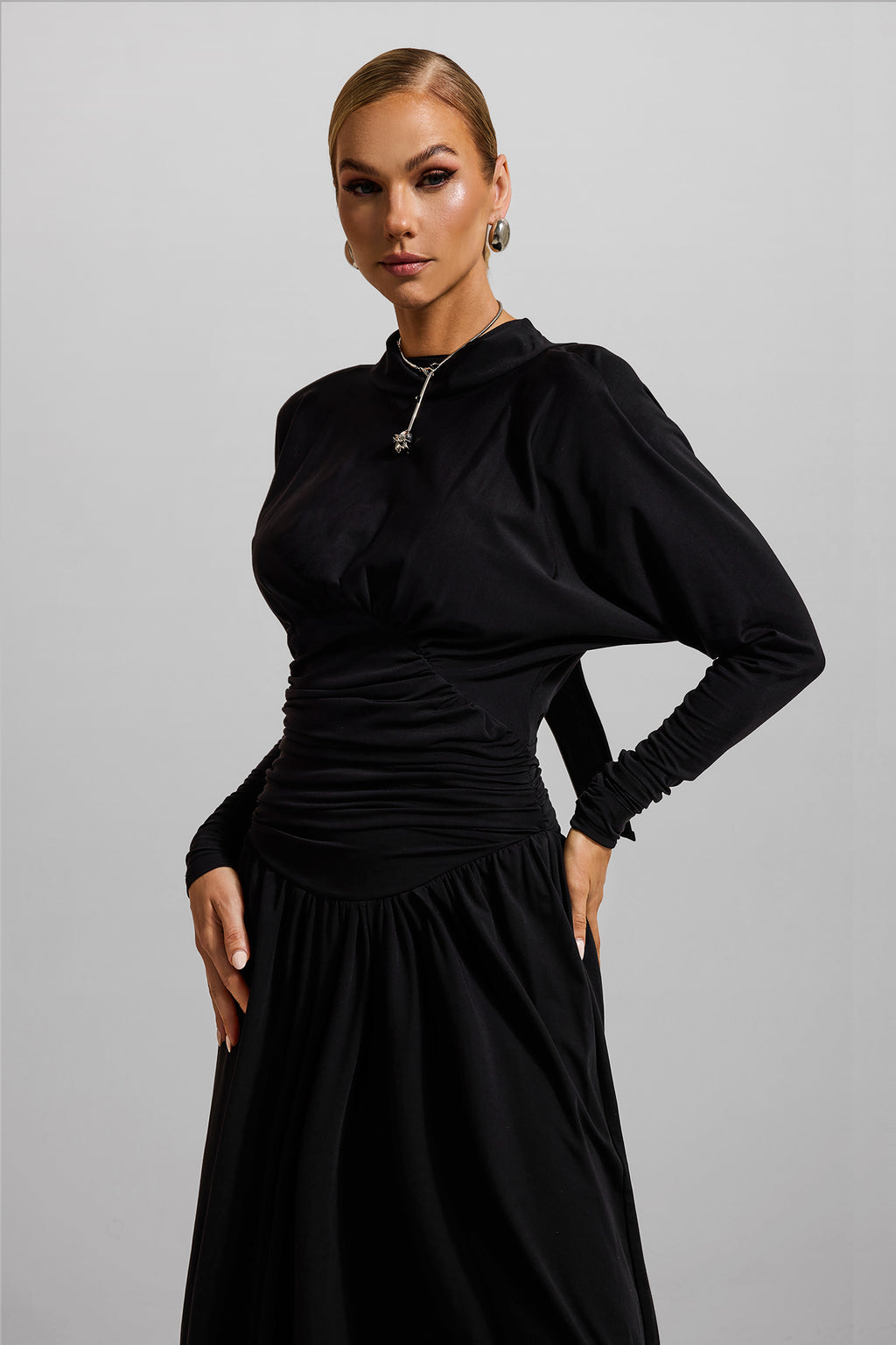 Jersey Ruched Long Sleeve Maxi Dress