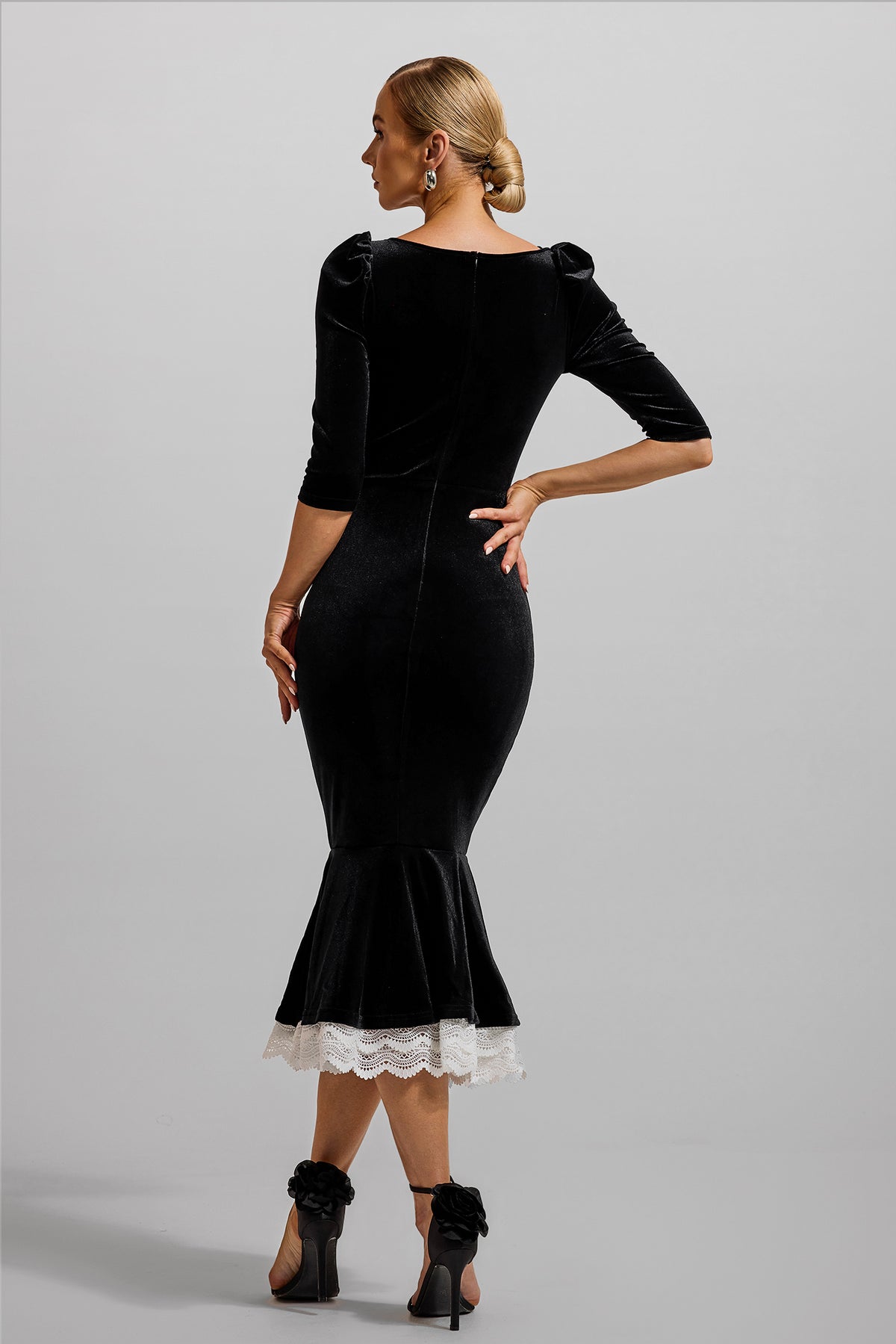 Velvet Lace Sweetheart Neck Midi Dress