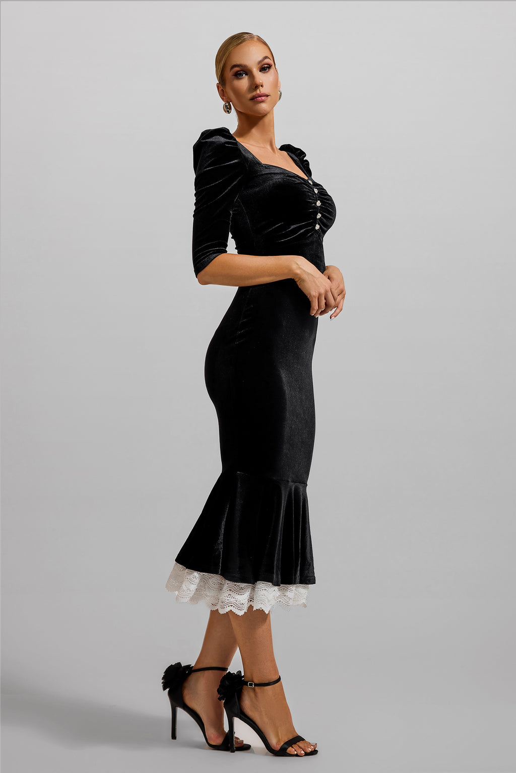 Velvet Lace Sweetheart Neck Midi Dress
