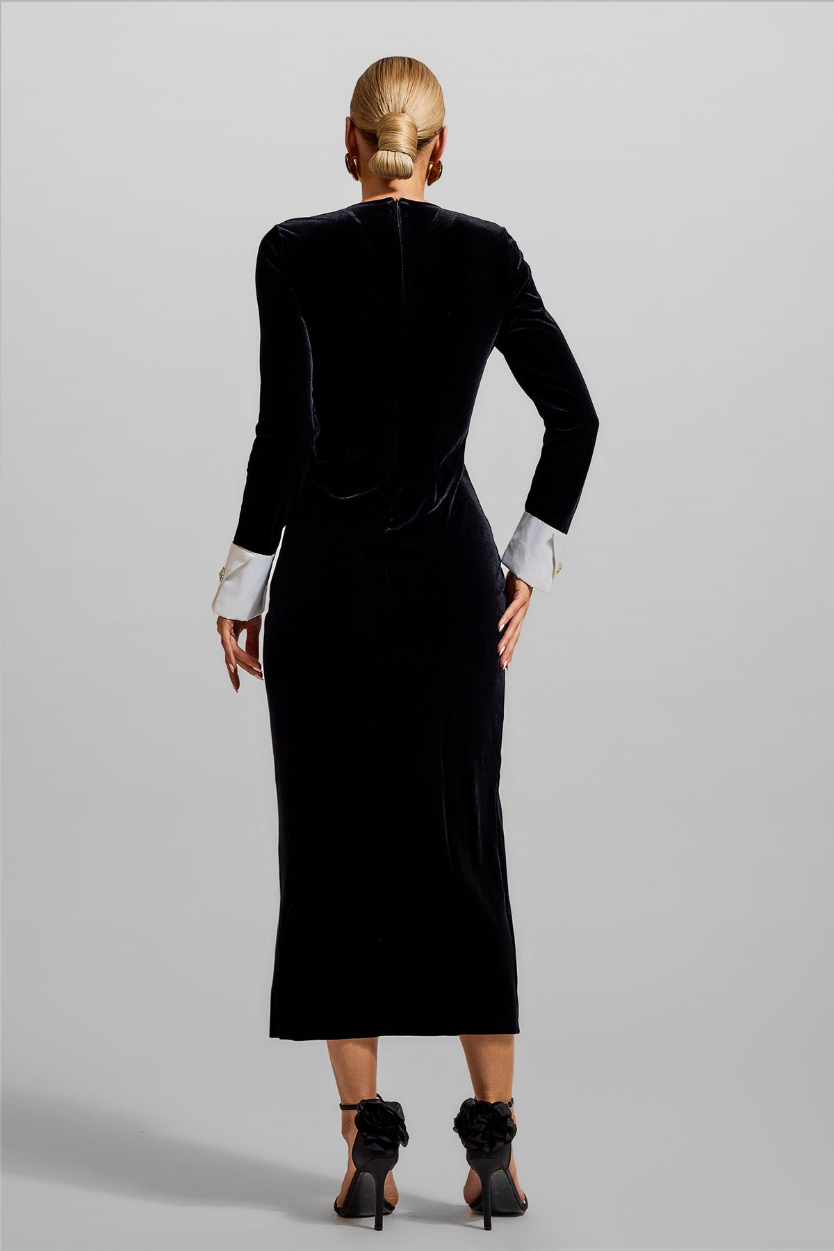 Velvet Single Breasted Long Sleeve Midi Dress