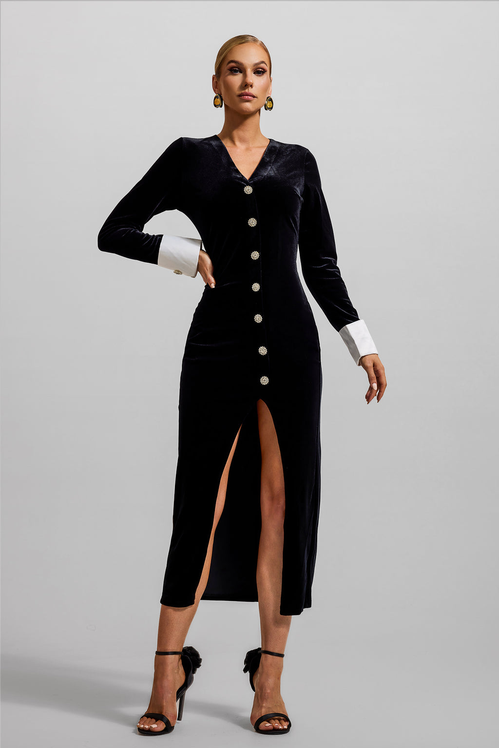 Velvet Single Breasted Long Sleeve Midi Dress