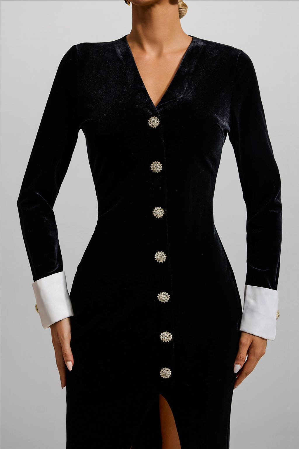 Velvet Single Breasted Long Sleeve Midi Dress