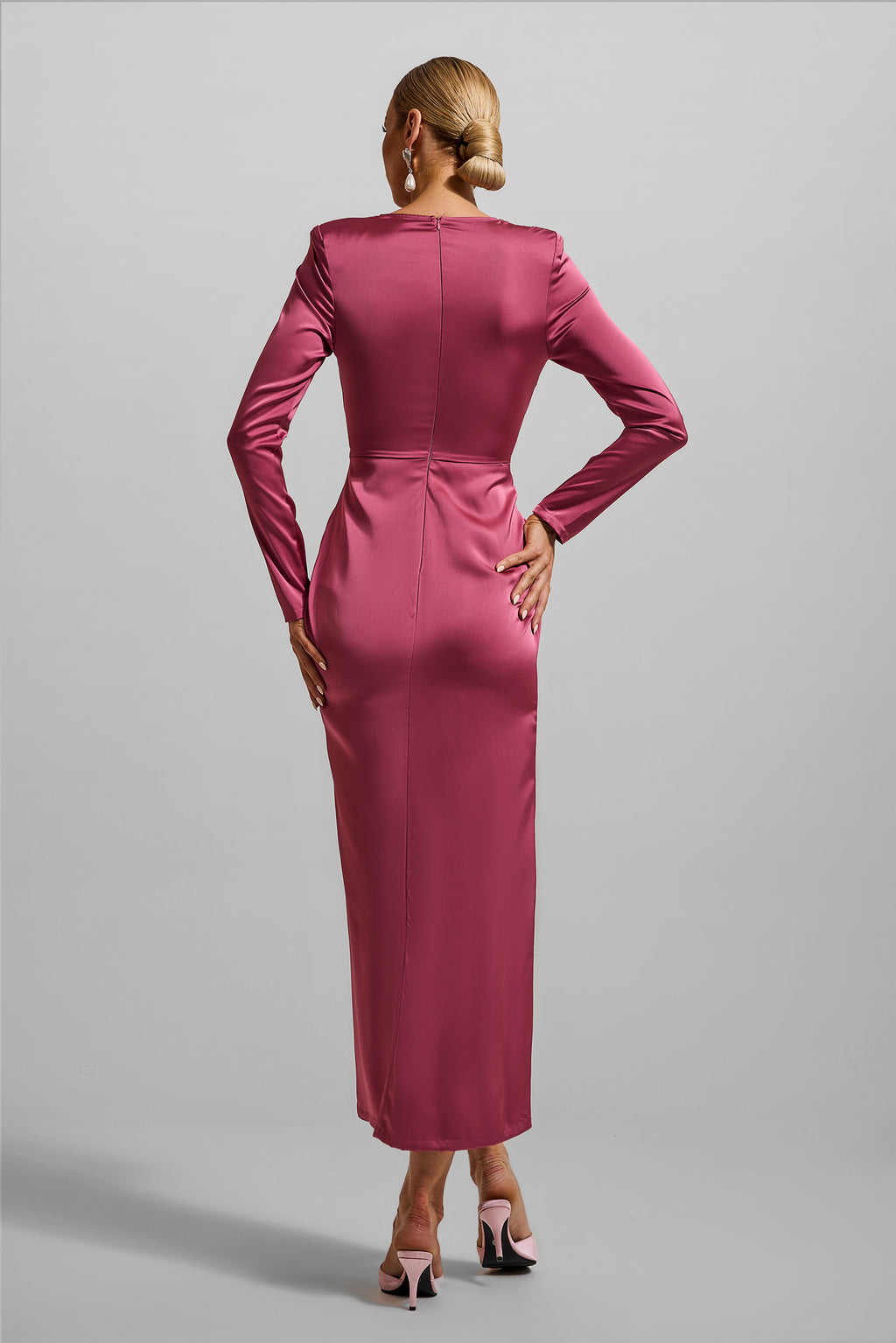 Satin Faux Pearl Knotted Midi Dress