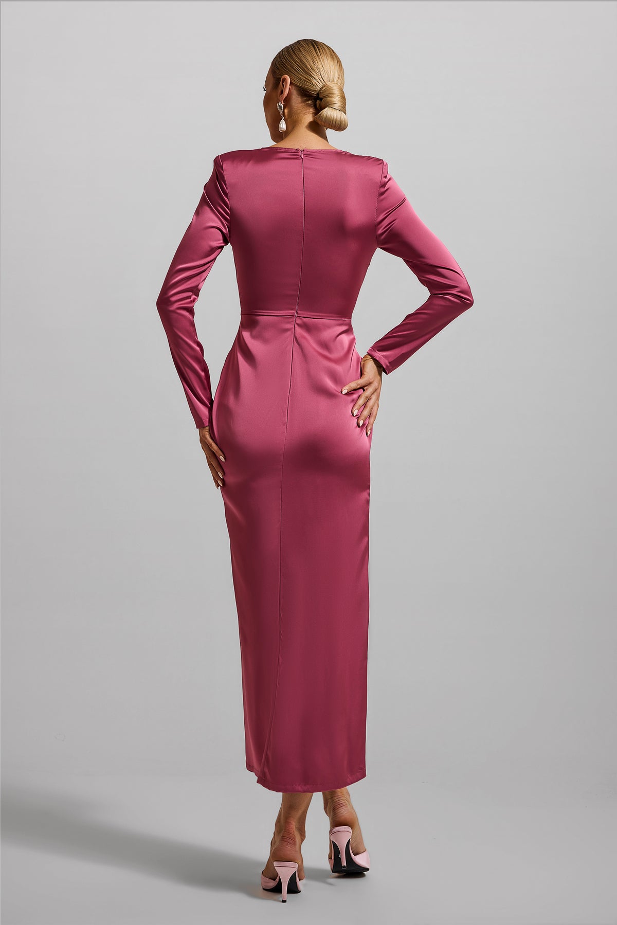 Satin Faux Pearl Knotted Midi Dress