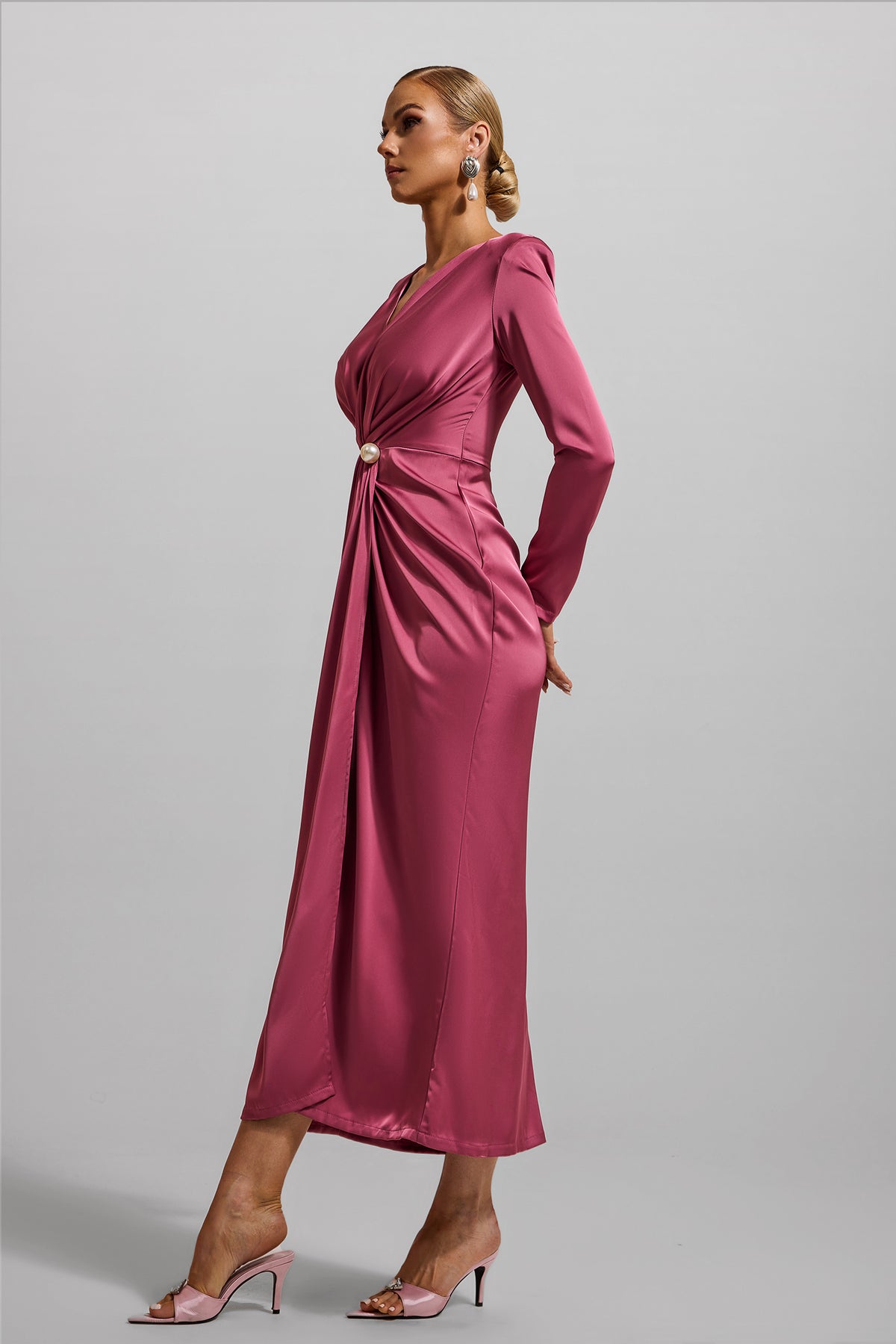 Satin Faux Pearl Knotted Midi Dress