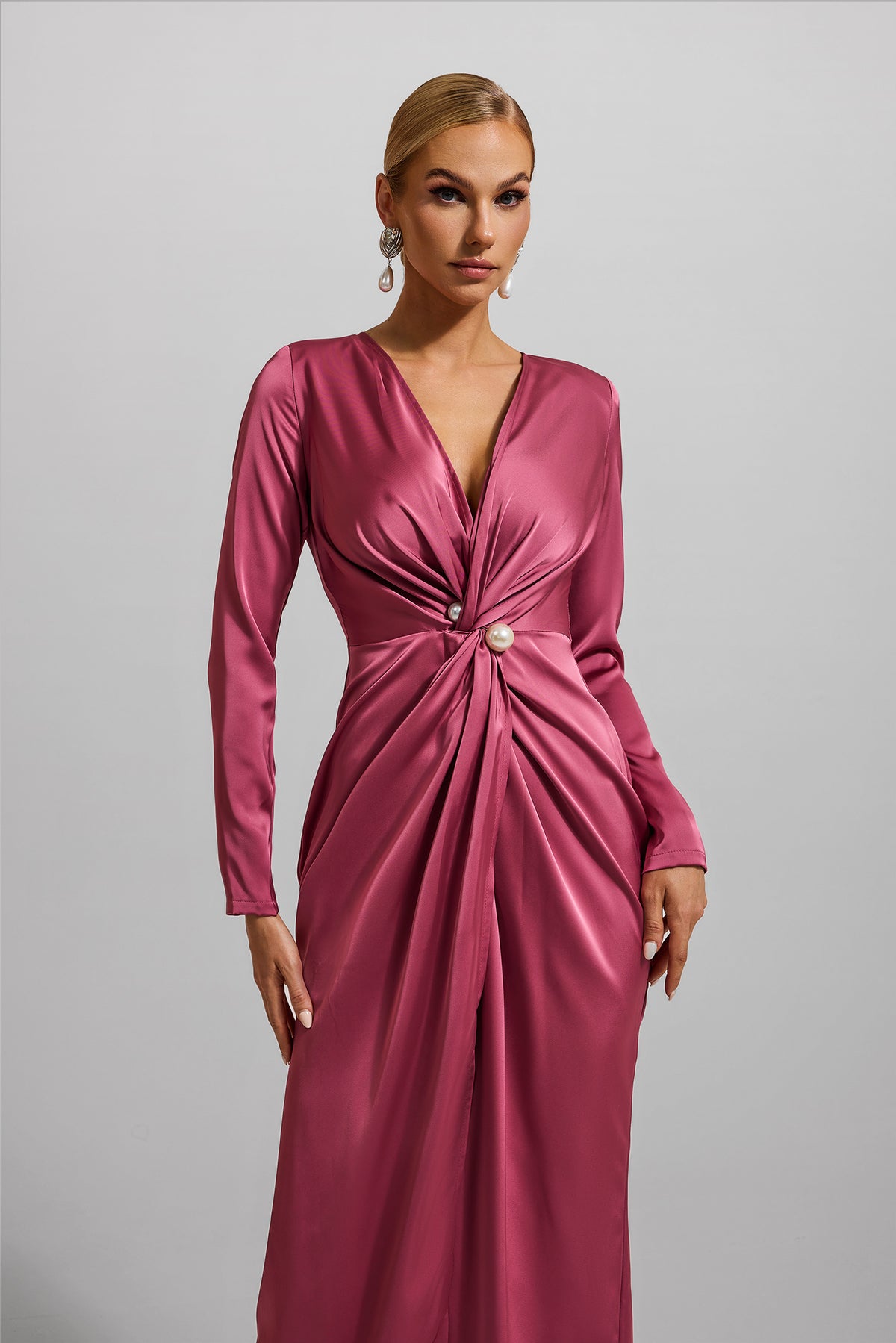 Satin Faux Pearl Knotted Midi Dress