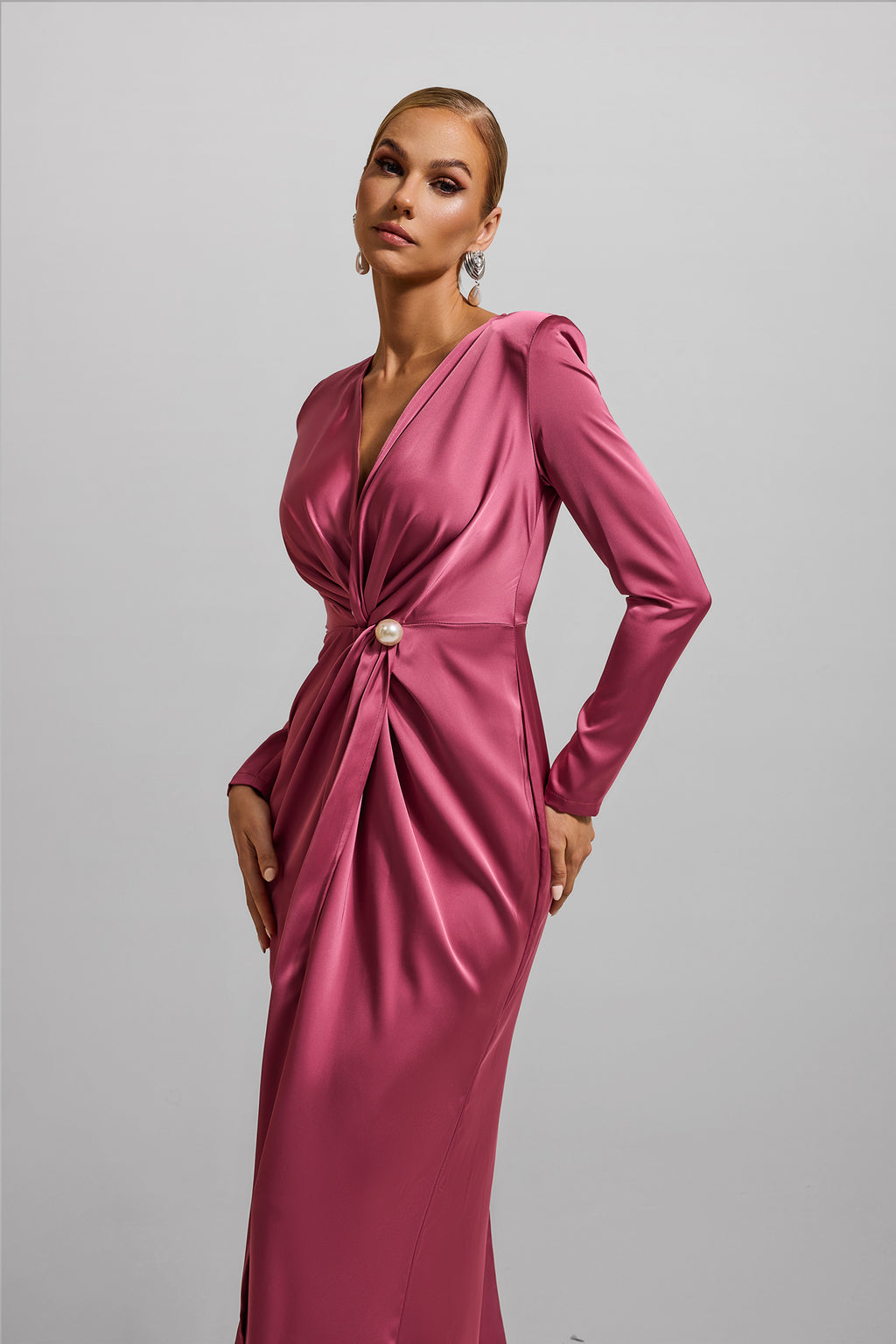 Satin Faux Pearl Knotted Midi Dress