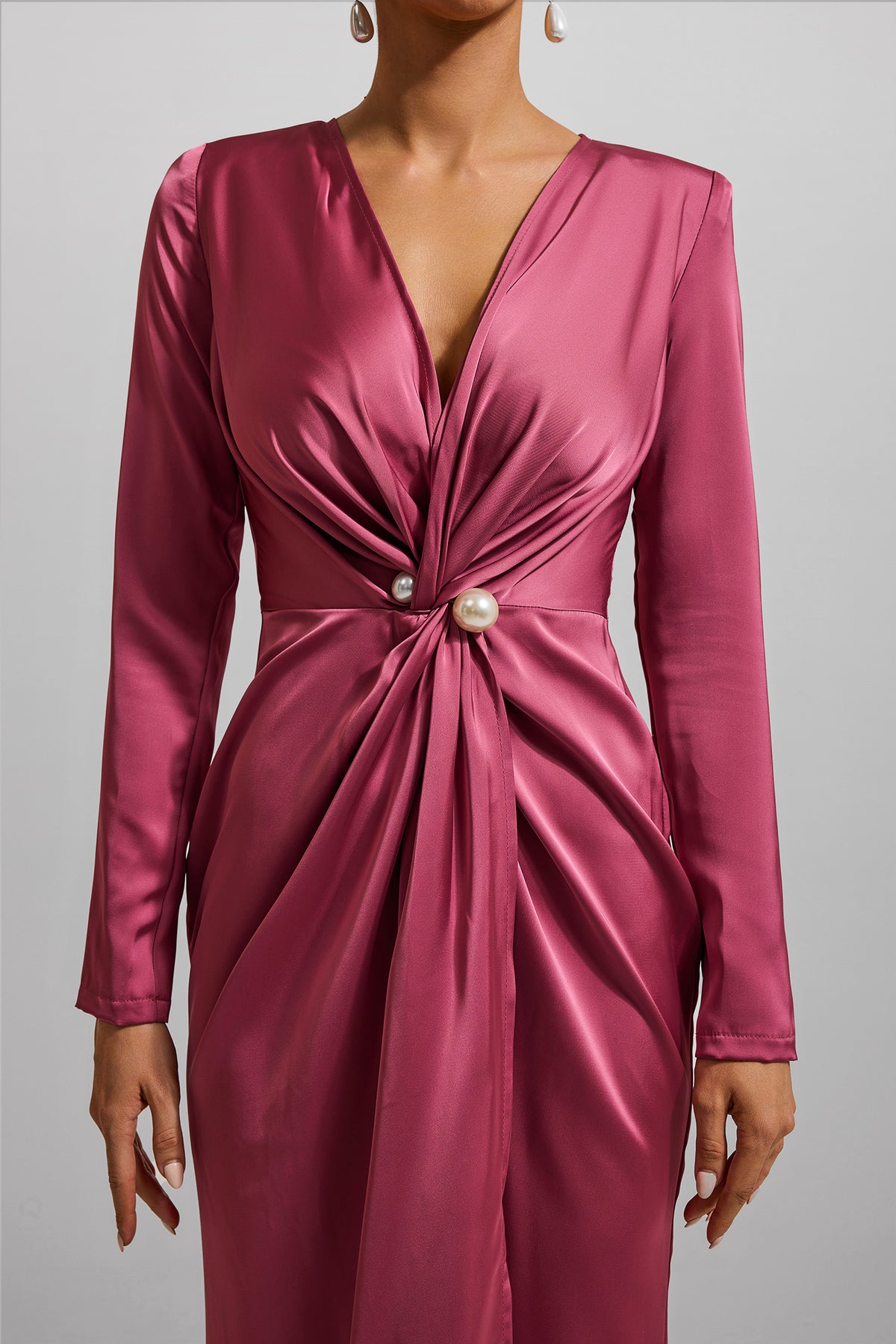 Satin Faux Pearl Knotted Midi Dress