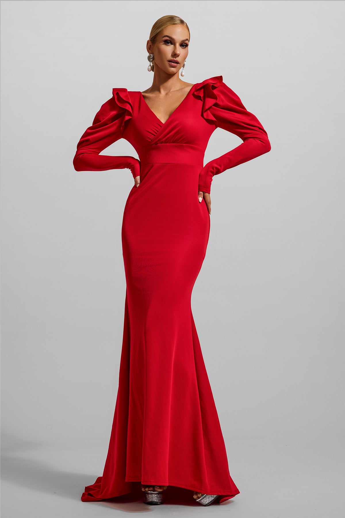 Jersey V-neck Frill Maxi Dress