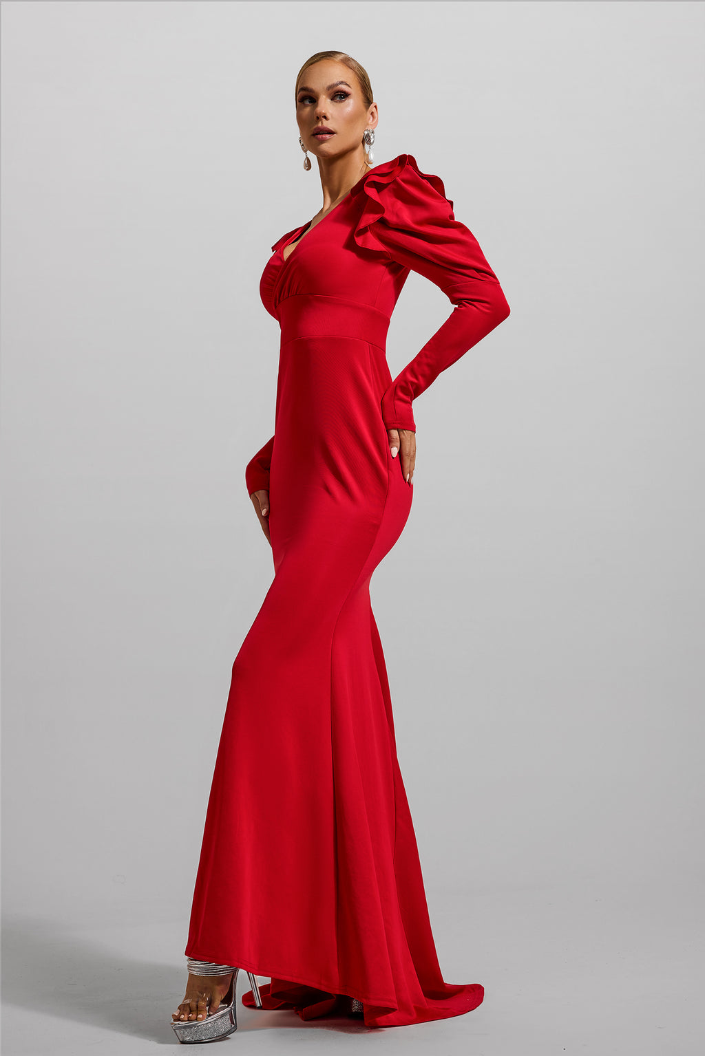 Jersey V-neck Frill Maxi Dress