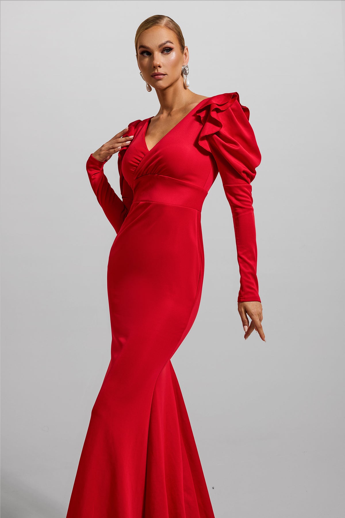 Jersey V-neck Frill Maxi Dress