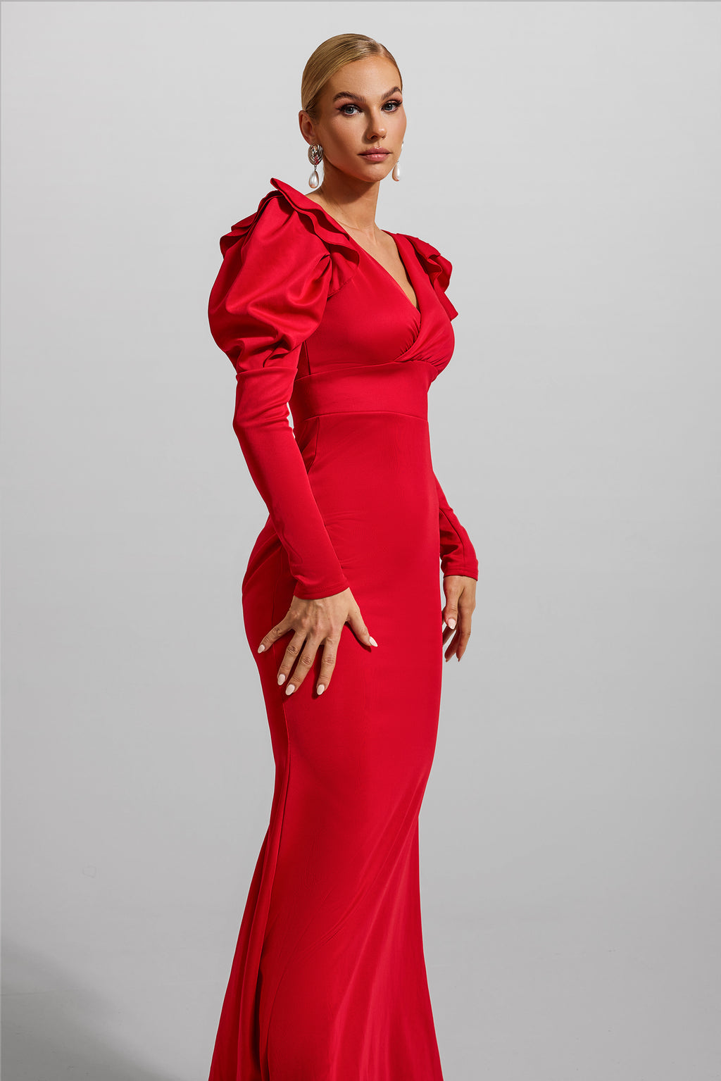 Jersey V-neck Frill Maxi Dress