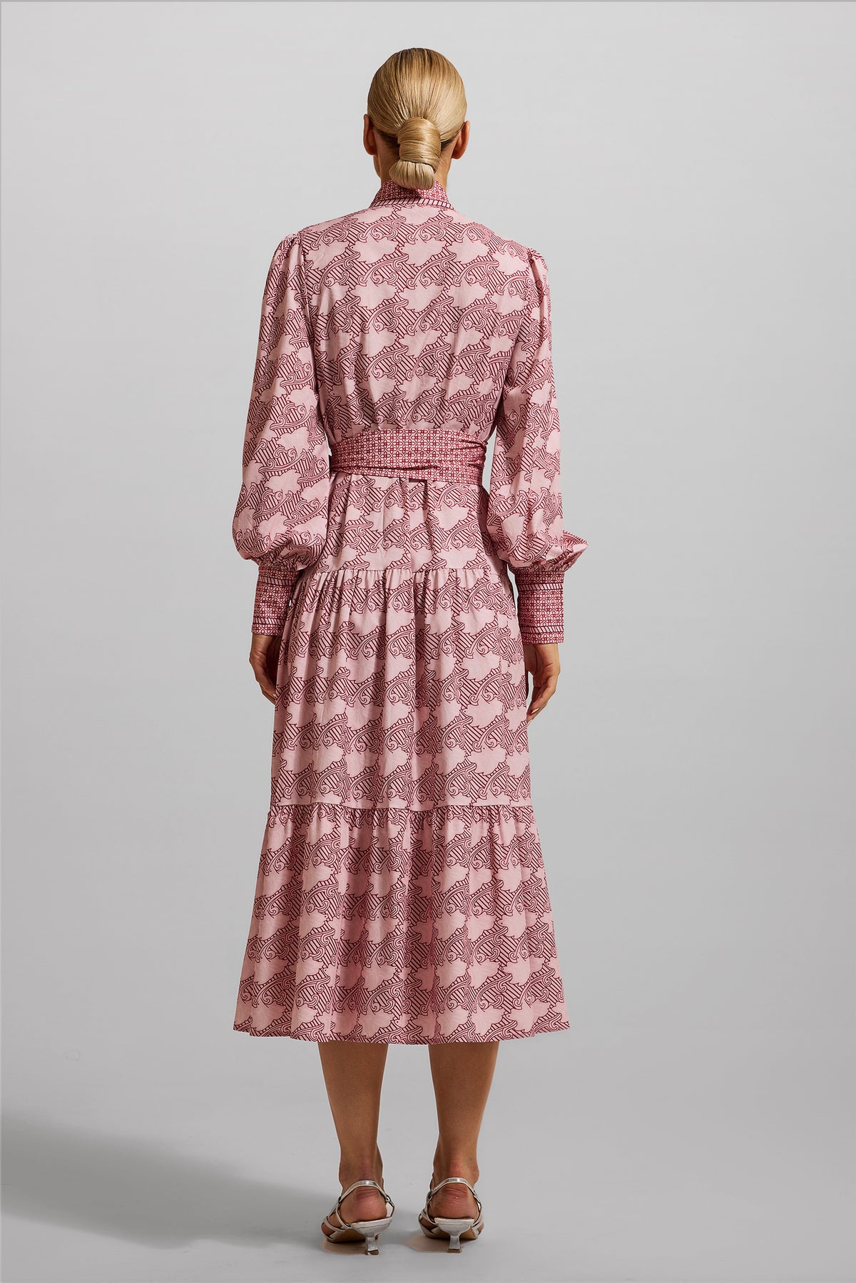 Geometric Patterns Lantern Sleeve Midi Dress With Belt