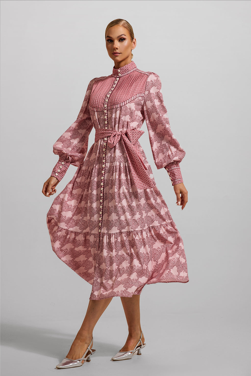 Geometric Patterns Lantern Sleeve Midi Dress With Belt