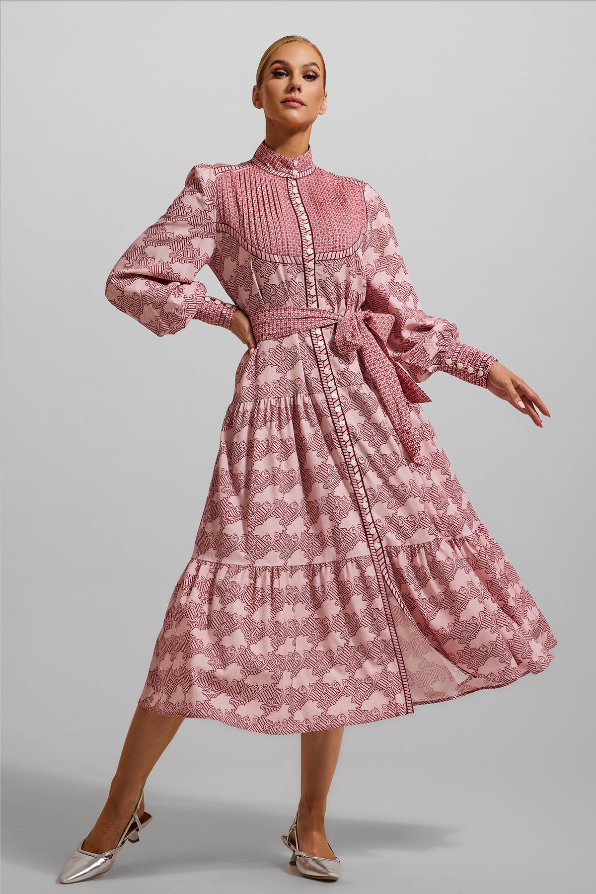 Geometric Patterns Lantern Sleeve Midi Dress With Belt