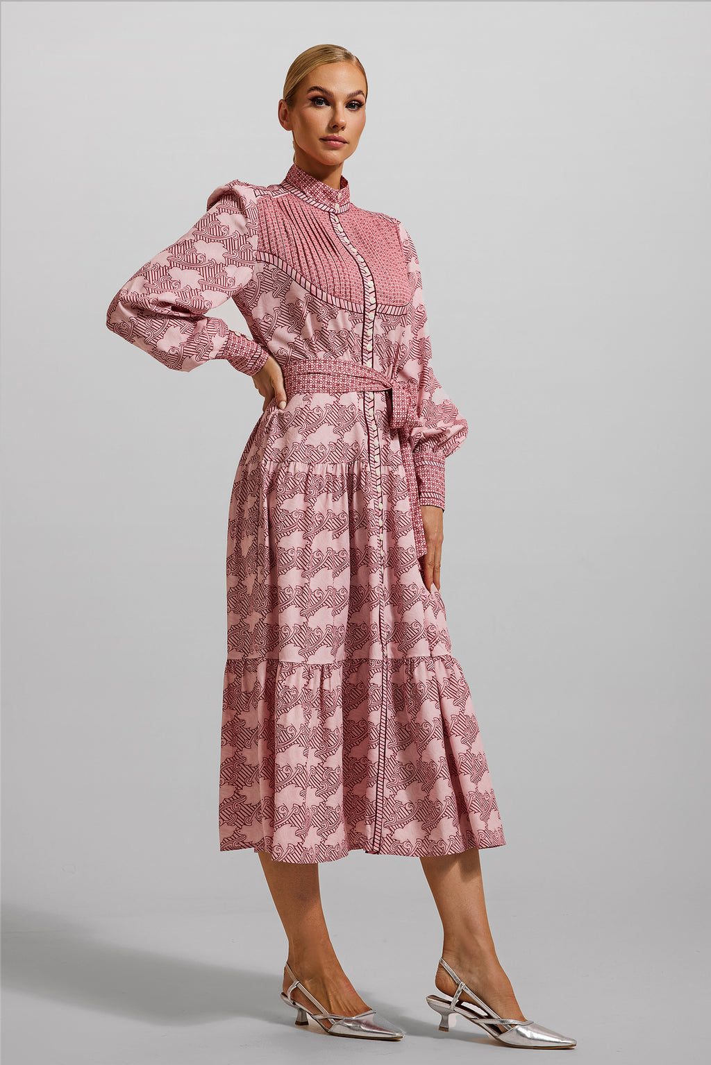 Geometric Patterns Lantern Sleeve Midi Dress With Belt