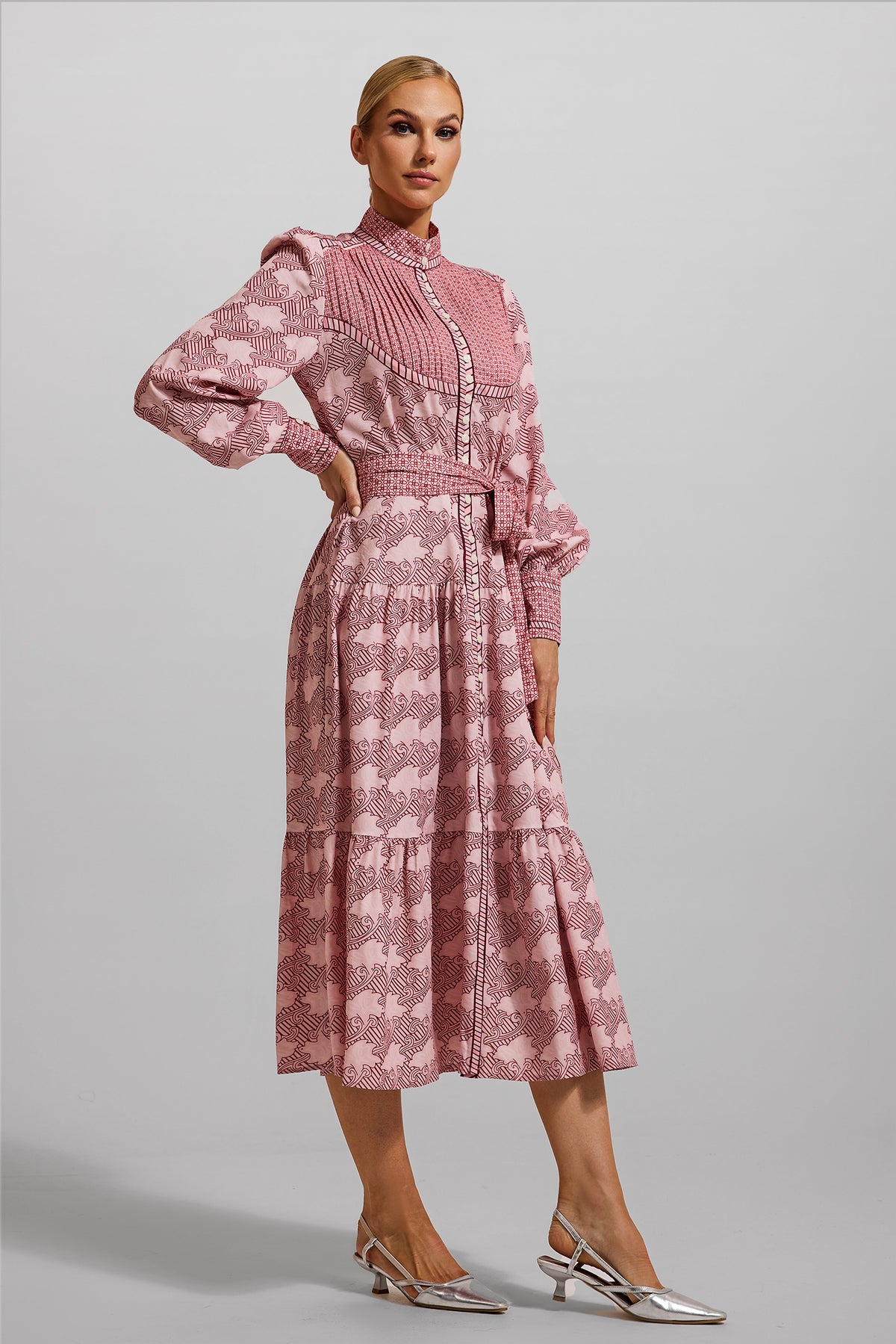 Geometric Patterns Lantern Sleeve Midi Dress With Belt