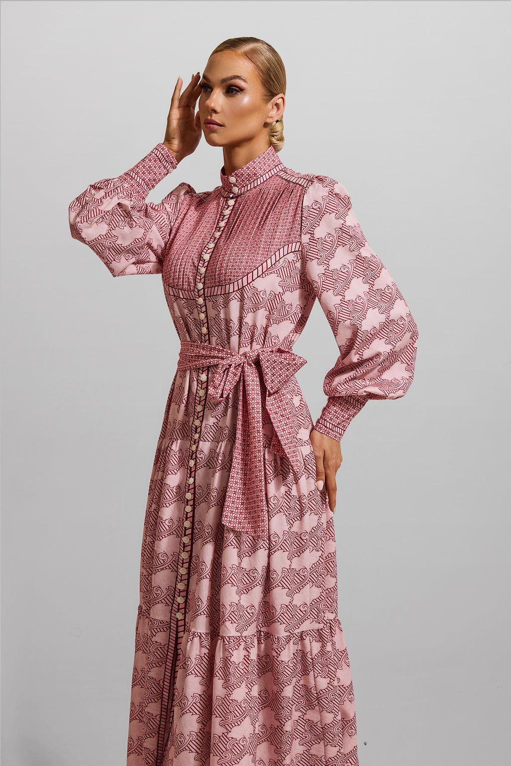 Geometric Patterns Lantern Sleeve Midi Dress With Belt