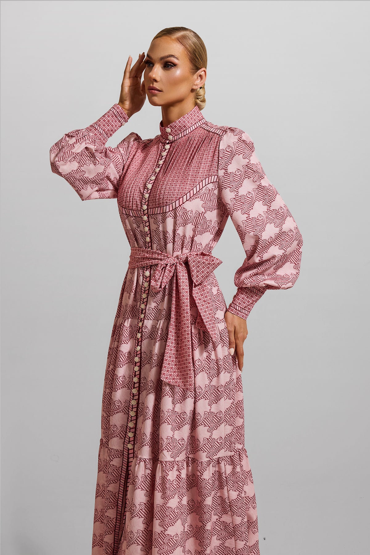 Geometric Patterns Lantern Sleeve Midi Dress With Belt