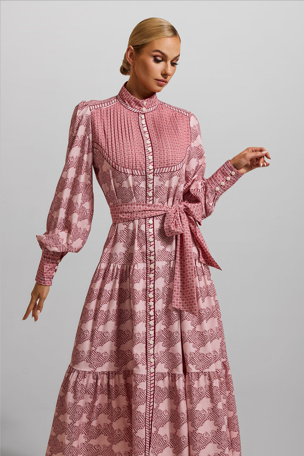 Geometric Patterns Lantern Sleeve Midi Dress With Belt