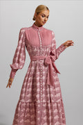 Geometric Patterns Lantern Sleeve Midi Dress With Belt