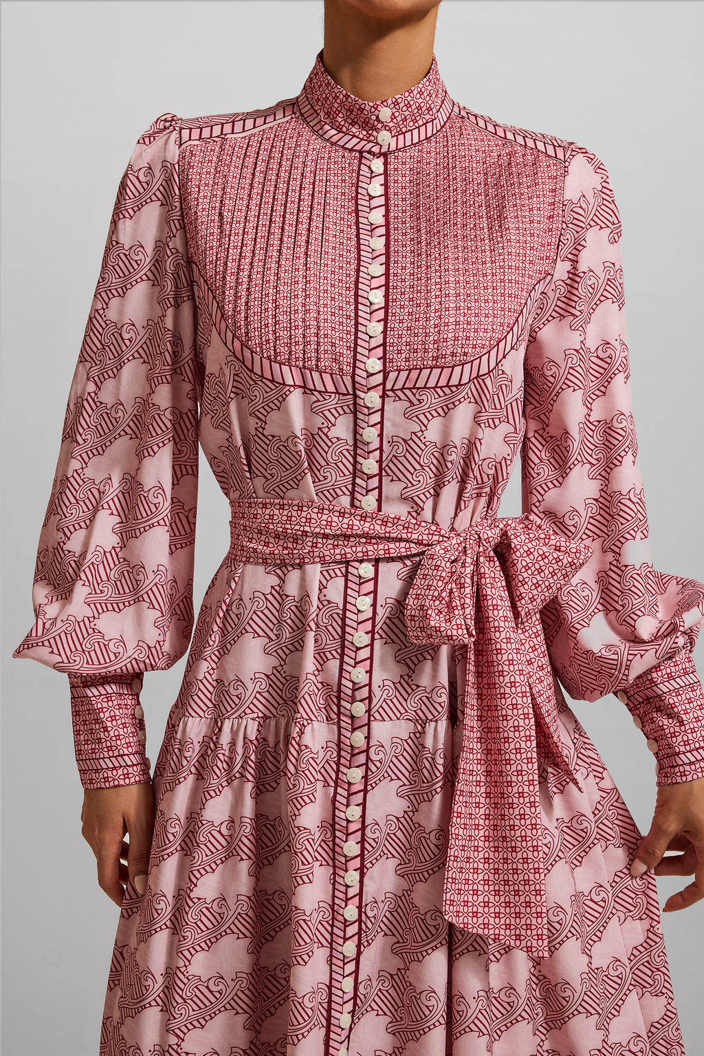 Geometric Patterns Lantern Sleeve Midi Dress With Belt